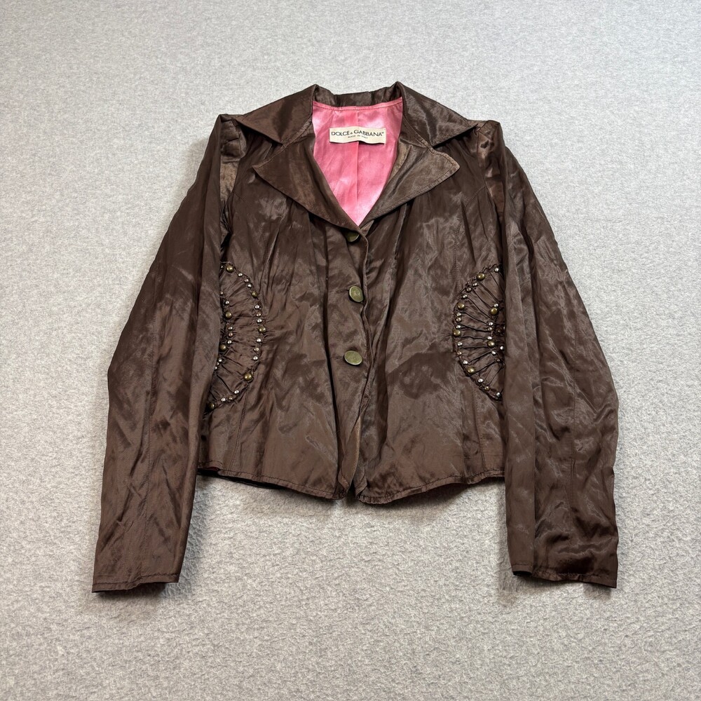 Vintage Dolce & Gabbana Silk Jacket Woman S Brown Blazer Snaps Rivets Italy Y2K